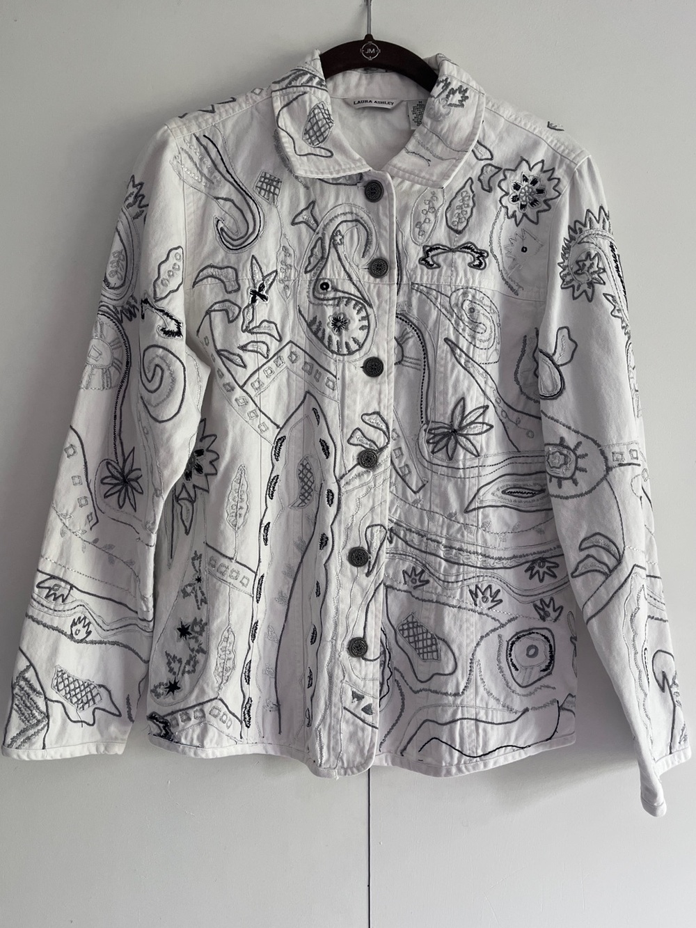 Vintage Laura Ashley White Jean Jacket with Black and Silver Embroidered Flowers
